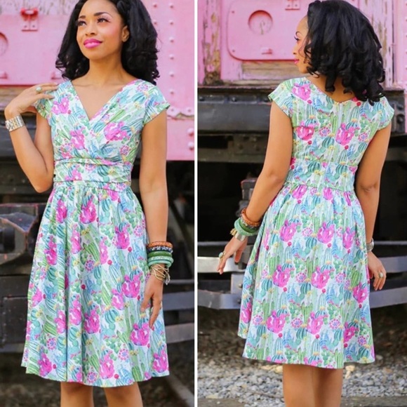 Retrolicious 50's Style Swing Dress in Multi-Color Cactus Print Sz 1X Pin-up - Picture 2 of 16